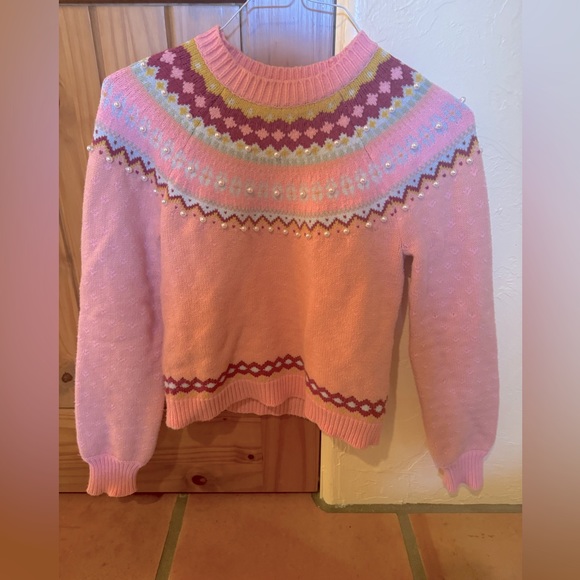 LOVESHACKFANCY Crawley faux pearl-embellished Fair Isle cotton-blend sweater - Picture 6 of 6